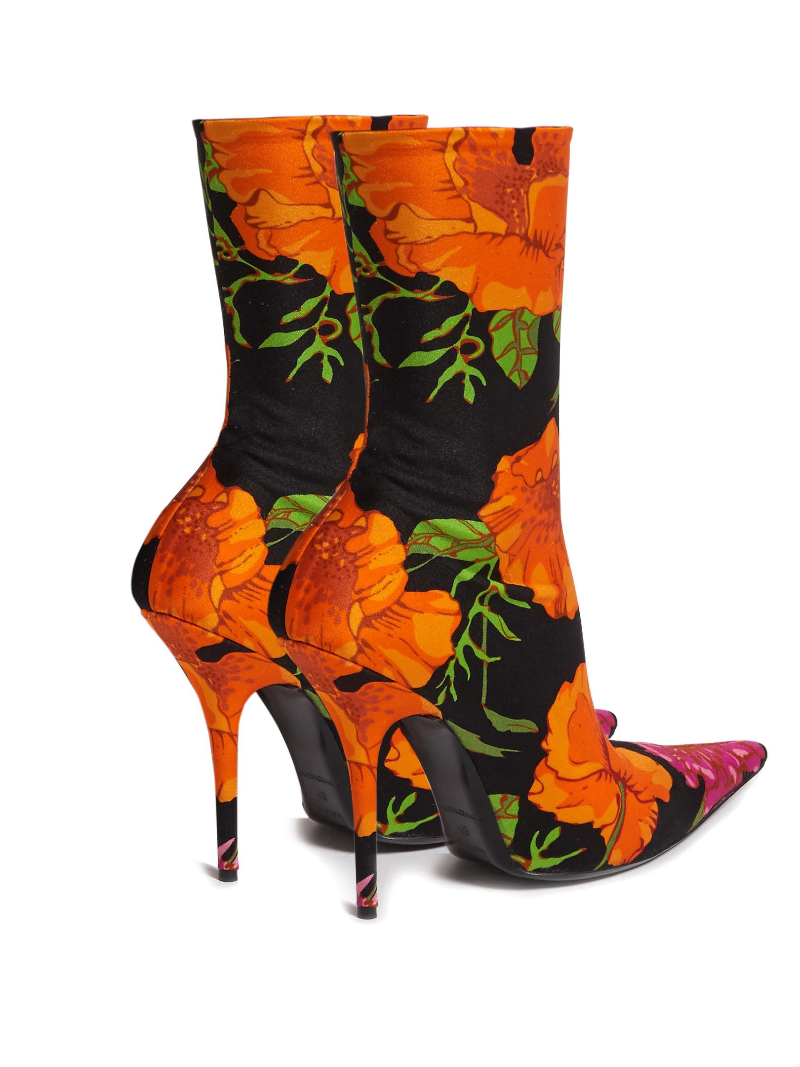 Balenciaga Knife Point-toe Floral-print Ankle Boots in Black - Lyst